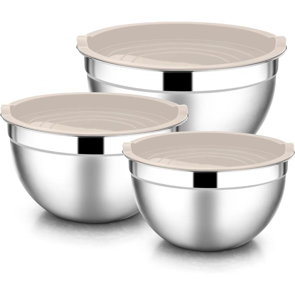 E-far Mixing Bowls With Lids Sets of 5, 10-Piece Stainless Steel Salad Metal Nesting Bowl for Baking Cooking and Prepping, Airtight Lid & Stackable Design, Size 4.6, 3, 2.1, 1.5, 0.7 QT, Khaki(Khaki)