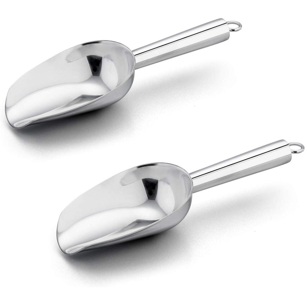 8 Ounce Ice Scoop Set of 2, E-far Stainless Steel Scoops for Ice Cube/Candy/Flour/Sugar, Metal Utility Scoops for Party, Baking, Kitchen Pantry, Rust Free & Dishwasher Safe(8 Ounce)