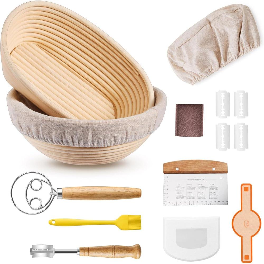 E-far Bread Proofing Basket, 9 Inch Round and 10 Inch Oval Sourdough Bread Baking Supplies, Complete Sourdough Starter Kit for Beginners(9Round & 10Oval)