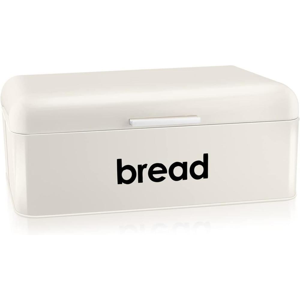 E-far Vintage Bread Box for Kitchen Countertop, Black Metal Bread Storage Container Retro Bread Bin for Pastries/Loaves/Dry Food, Large Capacity & Modern Design (16.7 x 9 x 6.4)(Cream)