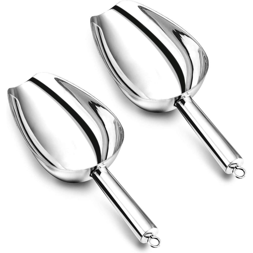 8 Ounce Ice Scoop Set of 2, E-far Stainless Steel Scoops for Ice Cube/Candy/Flour/Sugar, Metal Utility Scoops for Party, Baking, Kitchen Pantry, Rust Free & Dishwasher Safe(24 Ounce)