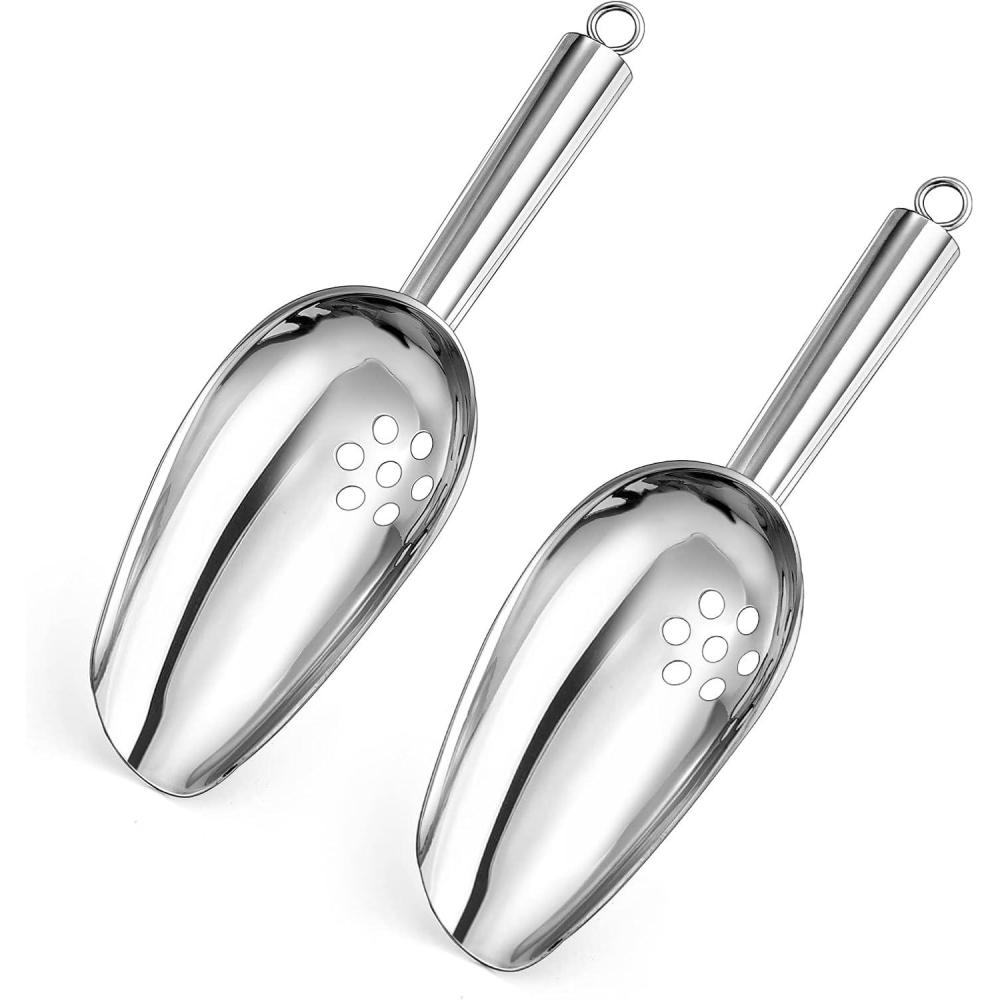 Ice Scoops with Holes, E-far 6 Ounce Stainless Steel Scoops with Drain Holes to Reduce Unwanted Dilution, Metal Scoop for Ice Maker/Freezer/Bar, Rust Free & Dishwasher Safe-2 Pack(6 Ounce)