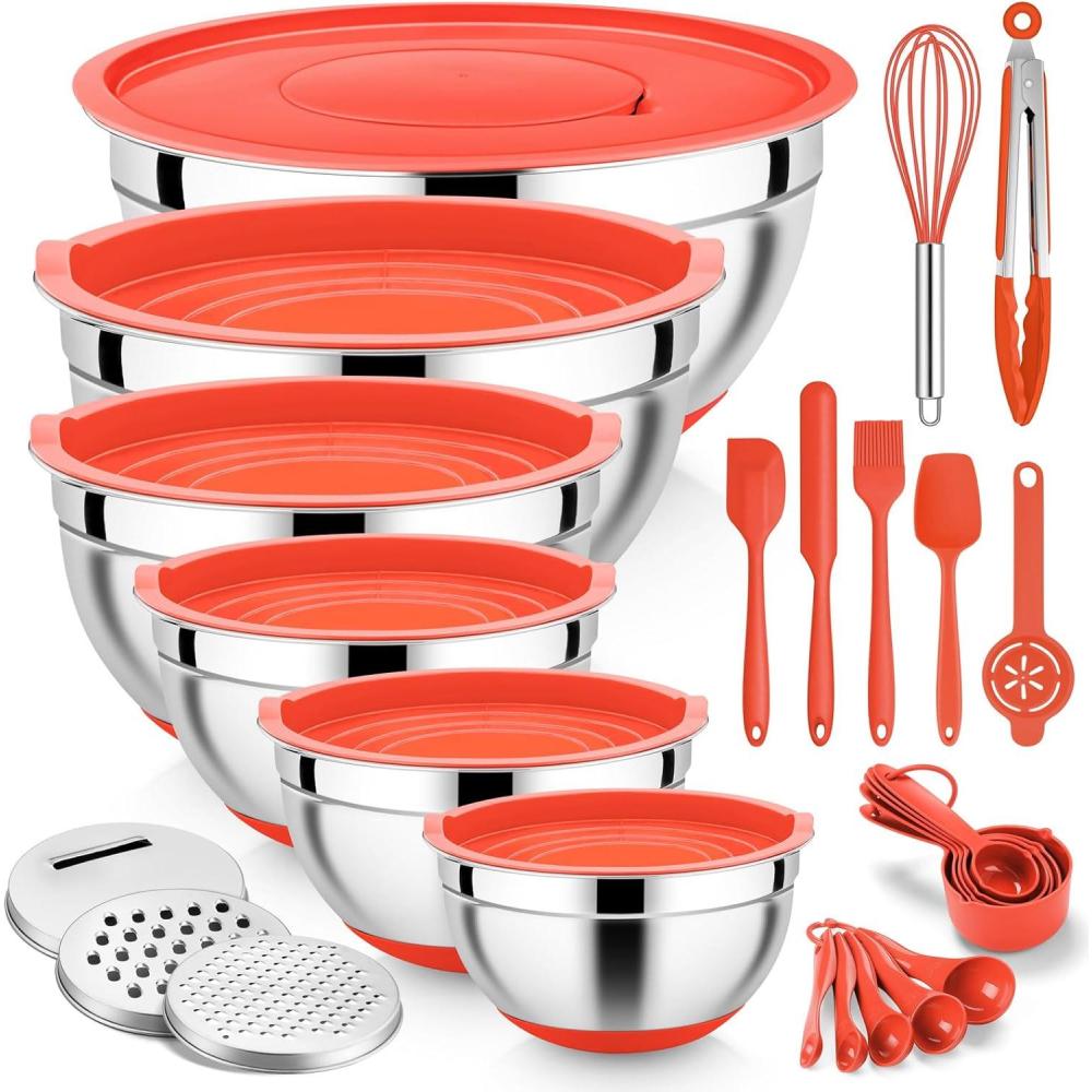 E-far 25PCS Mixing Bowls with Lid Set, Stainless Steel Nesting Prep Bowls with Grater Attachments Non-Slip Bottoms for Cooking, Serving, Food Storage, 4.6/2.6/2/1.5/1/0.7QT – Khaki(Red)