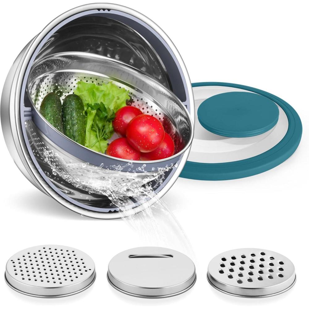 E-far Colander with Mixing Bowl Set, 4-1 Stainless Steel Colander Strainers Bowl with Graters for Kitchen, Rotatable Food Strainer Bowl for Rinsing Fruits Vegetables/Draining Pasta – Blue(Blue)