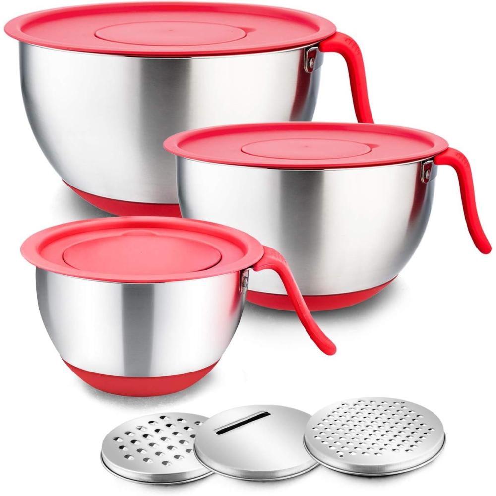 E-far Stainless Steel Mixing Bowls with Lids, Metal Mixing Bowl Set with 3 Graters, Long Handle, Pour Spout, Non-Slip Bottom & Stackable, Great for Cooking, Baking, Prepping, 5/3/1.5 QT – 3 PCS(Red)