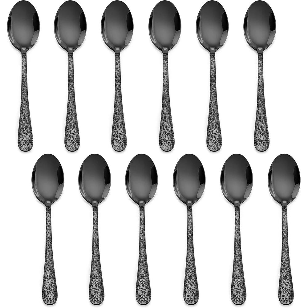 E-far 12-Piece Small Coffee Spoons, 6-Inch Stainless Steel Mini Espresso Spoons for Coffee/Sugar/Tea, Hammered Design & Rust Free, Dishwasher Safe(Black)