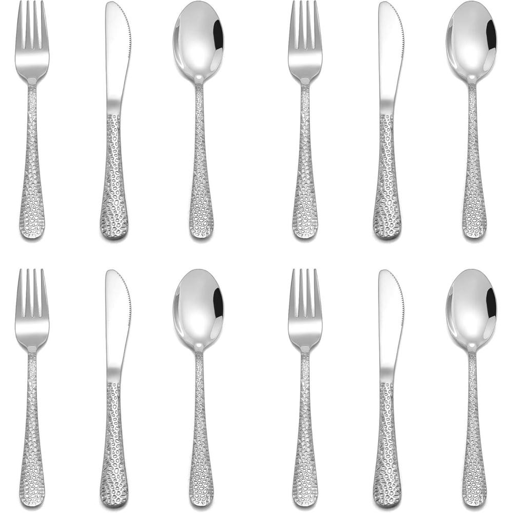 E-far 12-Piece Kids Silverware, Stainless Steel Toddler Preschooler Utensils with Adult Look, Hammered Flatware Includes 4 Forks 4 Spoons 4 Knives, Safe for Self Feeding, Non-Toxic & Dishwasher Safe(Silver)