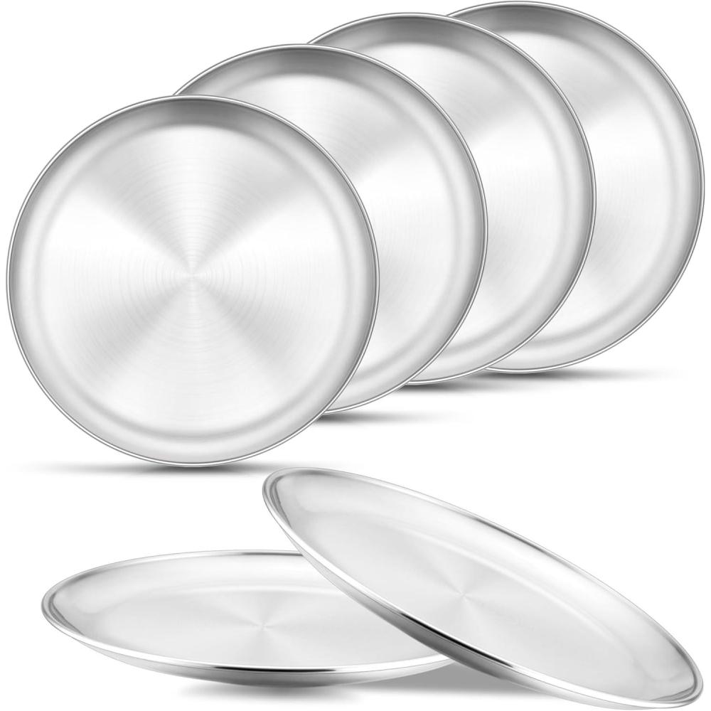 E-far 6-Piece Stainless Steel Plates, 9 Inch Metal Dinner Plates Dishes for Home, Picnic, Outdoor Camping, Healthy & Non-Toxic, Shatterproof & Dishwasher Safe(6)