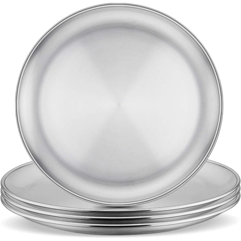 E-far Stainless Steel Plates Set of 4, 8-inch Metal Dinner Plates for Kids Toddlers, Great for Self-feeding/Picnic/Outdoor Camping, Healthy & Non-toxic, Shatterproof & Dishwasher Safe(Silver)