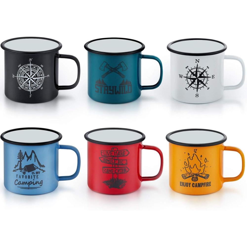 E-far Enamel Camping Mug Set of 6, 16 Ounce Metal Enamel Coffee Tea Cups for Outdoor Camping Hiking Backpacking Kids, 2-Sided Unique Graphic Design & Large Size – Colourful(Black White Yellow Blue Dark Green Red)