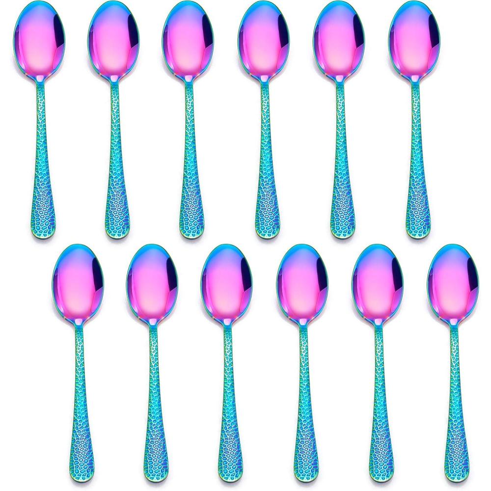 E-far 12-Piece Small Coffee Spoons, 6-Inch Stainless Steel Mini Espresso Spoons for Coffee/Sugar/Tea, Hammered Design & Rust Free, Dishwasher Safe(Rainbow)