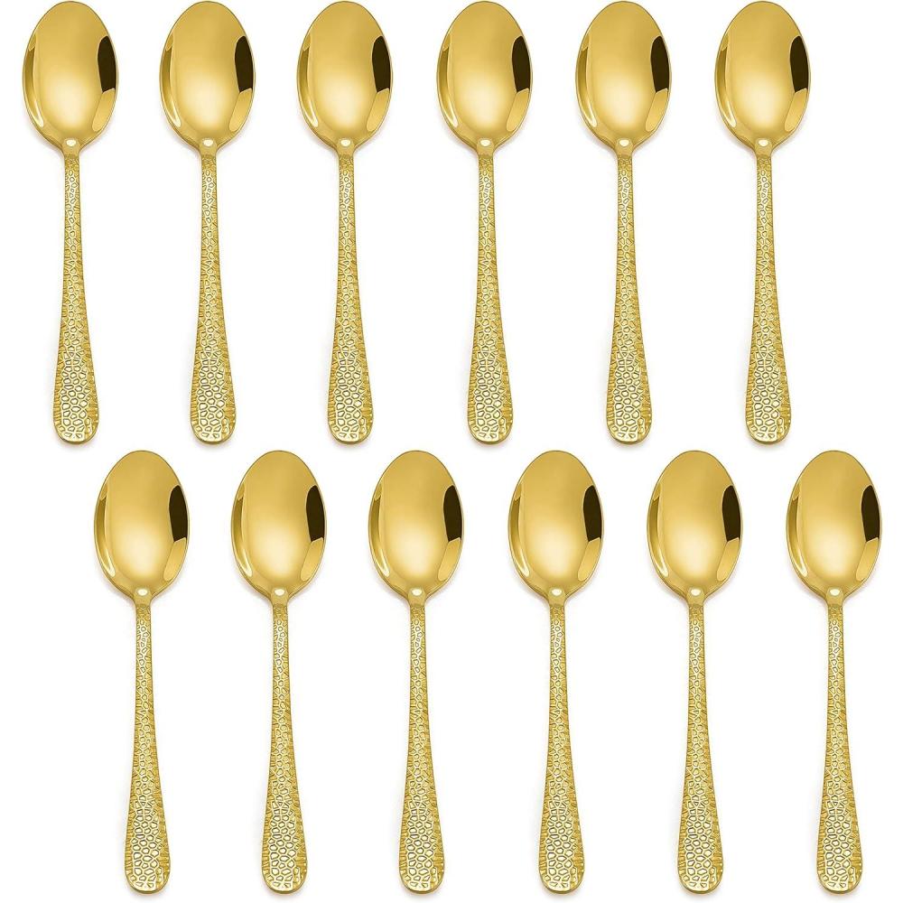 E-far 12-Piece Small Coffee Spoons, 6-Inch Stainless Steel Mini Espresso Spoons for Coffee/Sugar/Tea, Hammered Design & Rust Free, Dishwasher Safe(Gold)