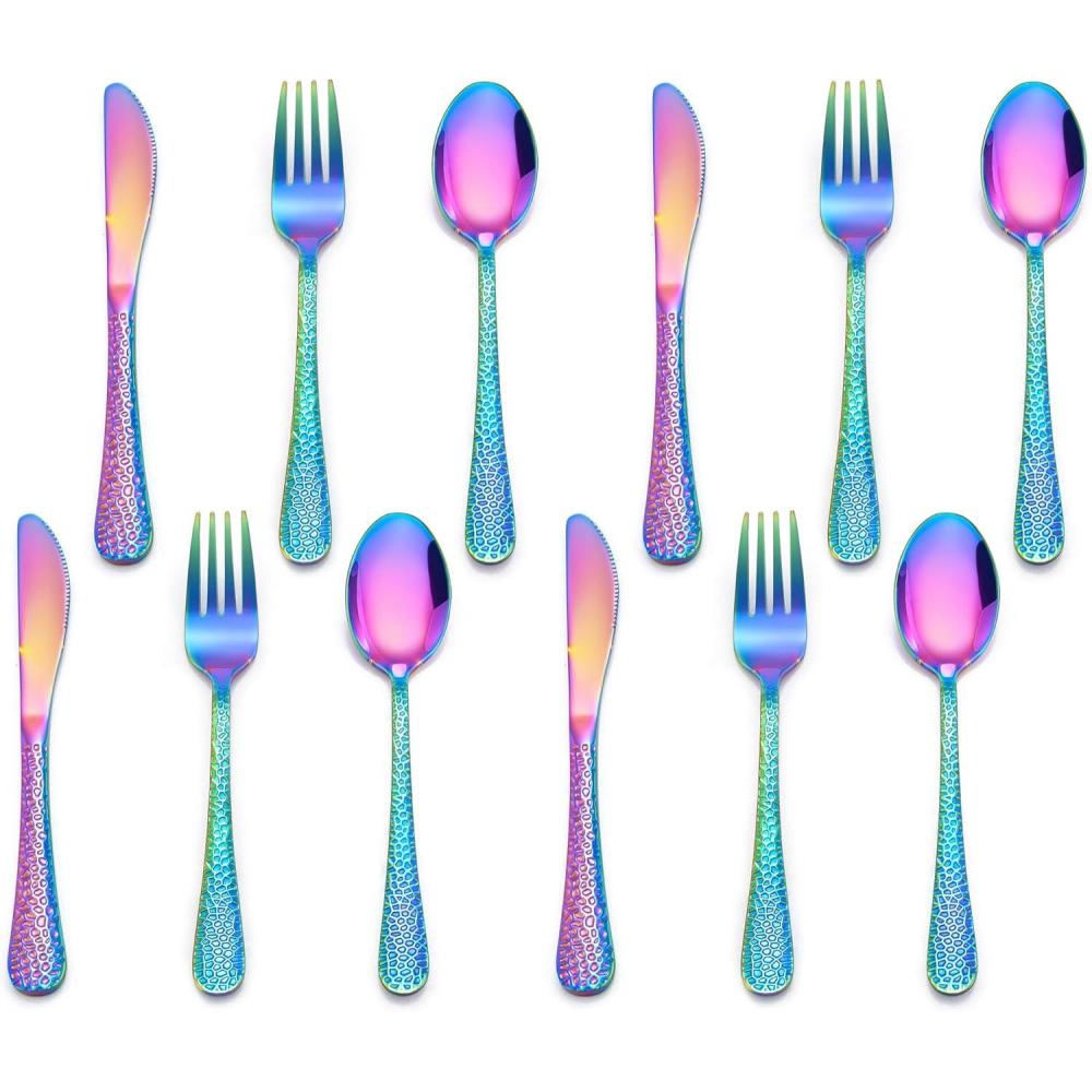 E-far 12-Piece Kids Silverware, Stainless Steel Toddler Preschooler Utensils with Adult Look, Hammered Flatware Includes 4 Forks 4 Spoons 4 Knives, Safe for Self Feeding, Non-Toxic & Dishwasher Safe(Rainbow)