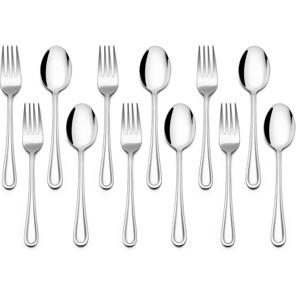 E-far 12-Piece Toddler Silverware, Stainless Steel Kids Utensils Forks and Spoons, Children Safe Mirror Polished Metal Cutlery Set for Self Feeding, 6 Forks & 6 Spoons(Rainbow)(Silver)