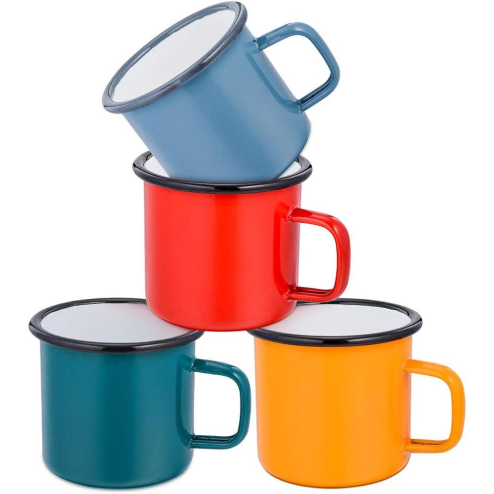 E-far Enamel Camping Mug Set of 6, 16 Ounce Metal Enamel Coffee Tea Cups for Outdoor Camping Hiking Backpacking Kids, 2-Sided Unique Graphic Design & Large Size – Colourful(Red Blue Dark Green Yellow)