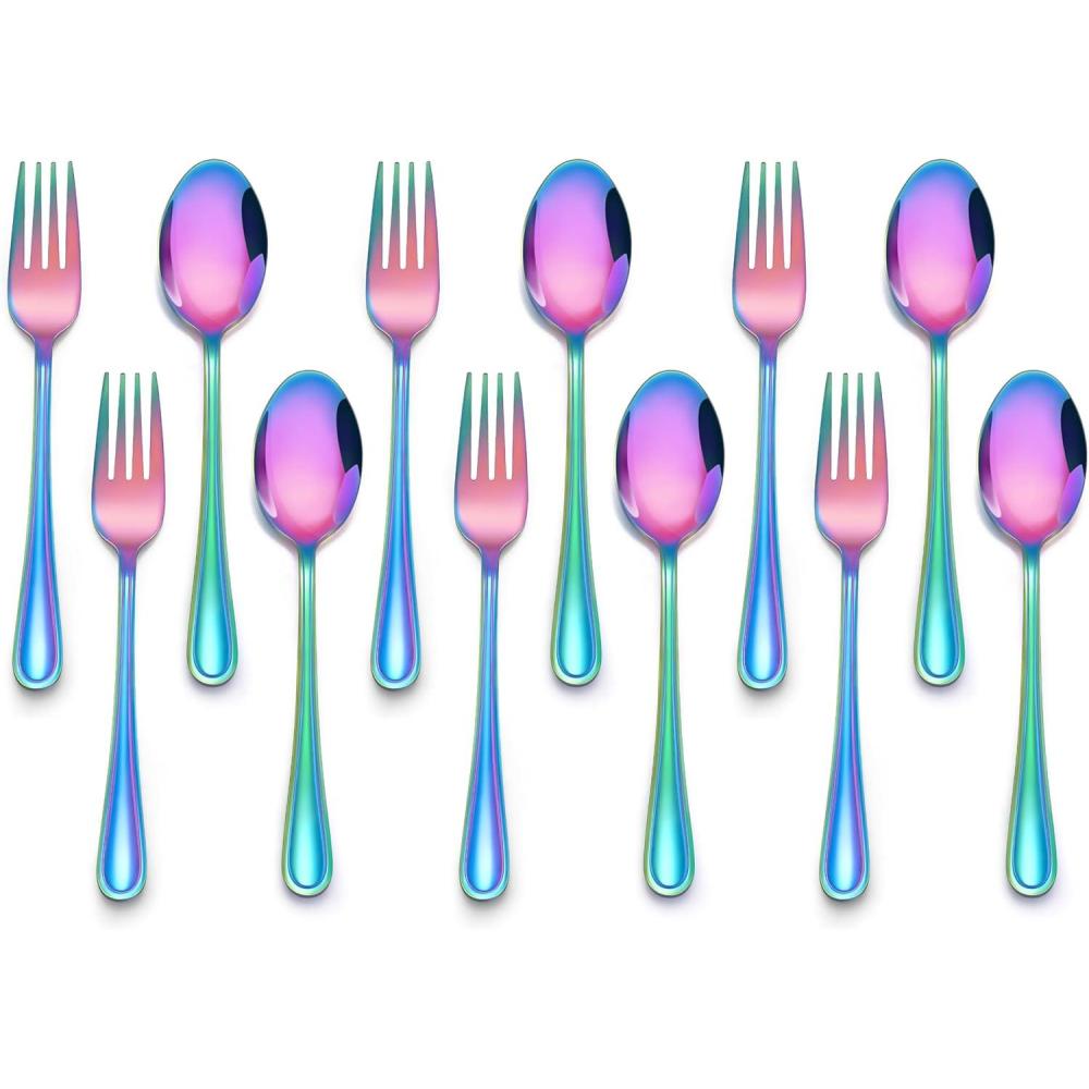 E-far 12-Piece Toddler Silverware, Stainless Steel Kids Utensils Forks and Spoons, Children Safe Mirror Polished Metal Cutlery Set for Self Feeding, 6 Forks & 6 Spoons(Rainbow)(Rainbow)