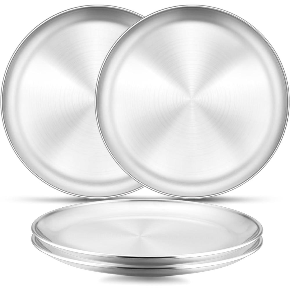 E-far 6-Piece Stainless Steel Plates, 9 Inch Metal Dinner Plates Dishes for Home, Picnic, Outdoor Camping, Healthy & Non-Toxic, Shatterproof & Dishwasher Safe(4)