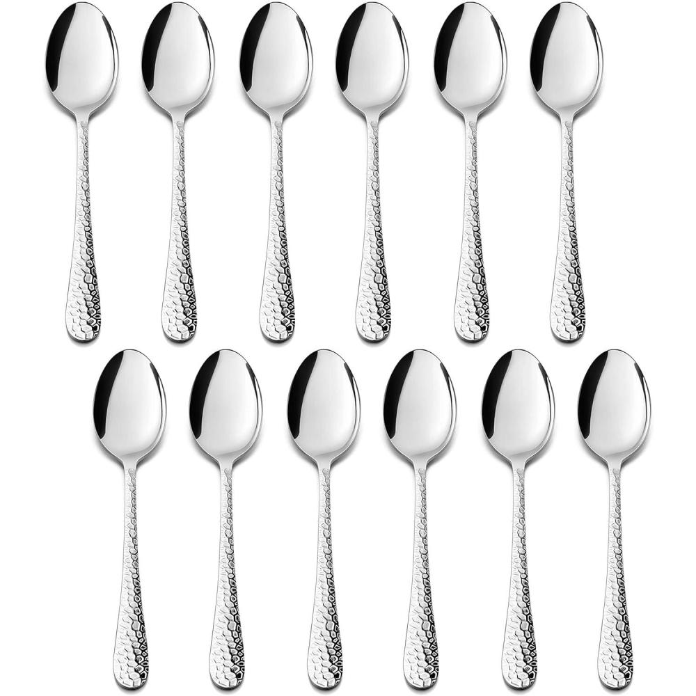 E-far 12-Piece Small Coffee Spoons, 6-Inch Stainless Steel Mini Espresso Spoons for Coffee/Sugar/Tea, Hammered Design & Rust Free, Dishwasher Safe(Silver)