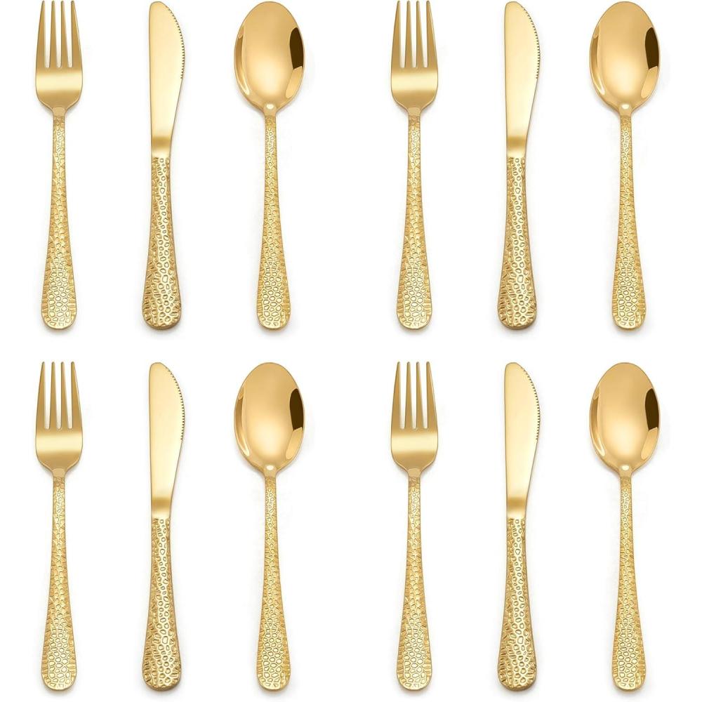 E-far 12-Piece Kids Silverware, Stainless Steel Toddler Preschooler Utensils with Adult Look, Hammered Flatware Includes 4 Forks 4 Spoons 4 Knives, Safe for Self Feeding, Non-Toxic & Dishwasher Safe(Gold)