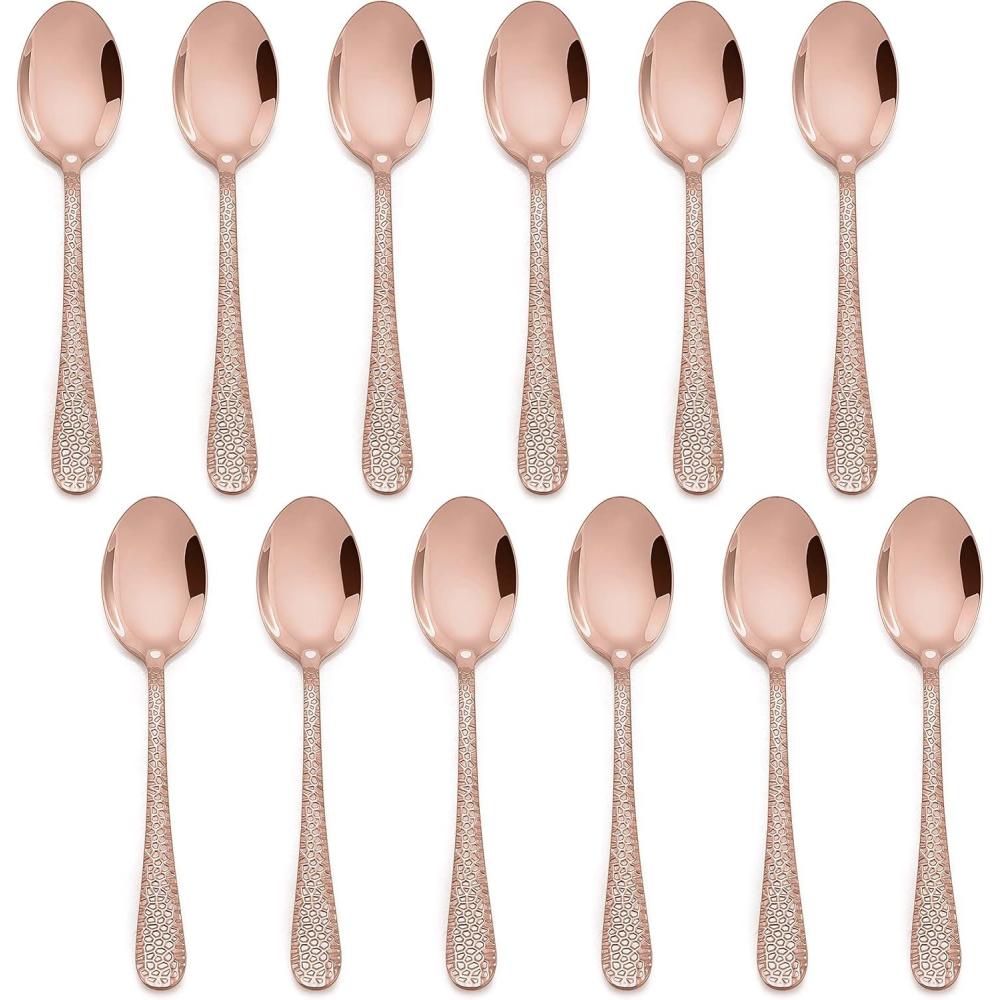 E-far 12-Piece Small Coffee Spoons, 6-Inch Stainless Steel Mini Espresso Spoons for Coffee/Sugar/Tea, Hammered Design & Rust Free, Dishwasher Safe(Copper)