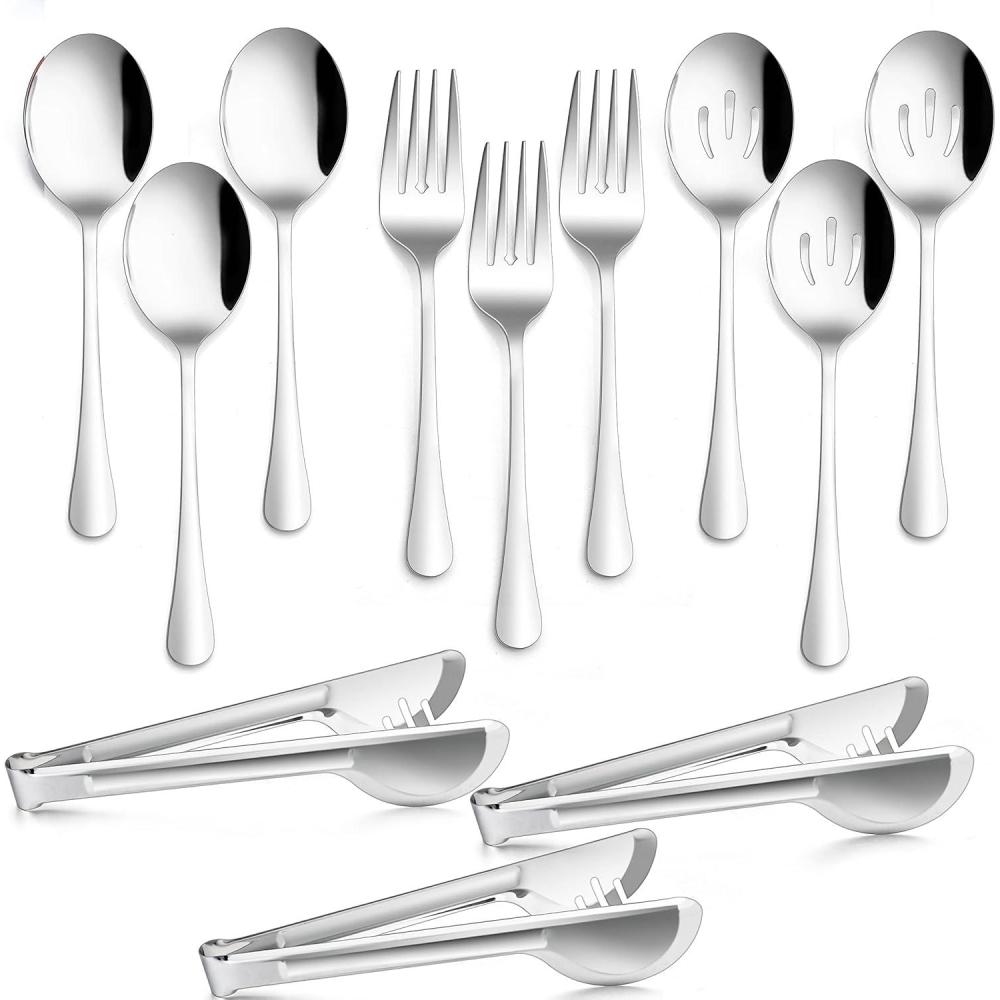12-Piece Large Serving Utensils Set, E-far Stainless Steel 9.8 Inch Serving Slotted Spoons, 9.9 Inch Fork, 9.4 Inch Tong for Buffet Catering Banquet, Mirror Finish & Dishwasher Safe(Silver-12)