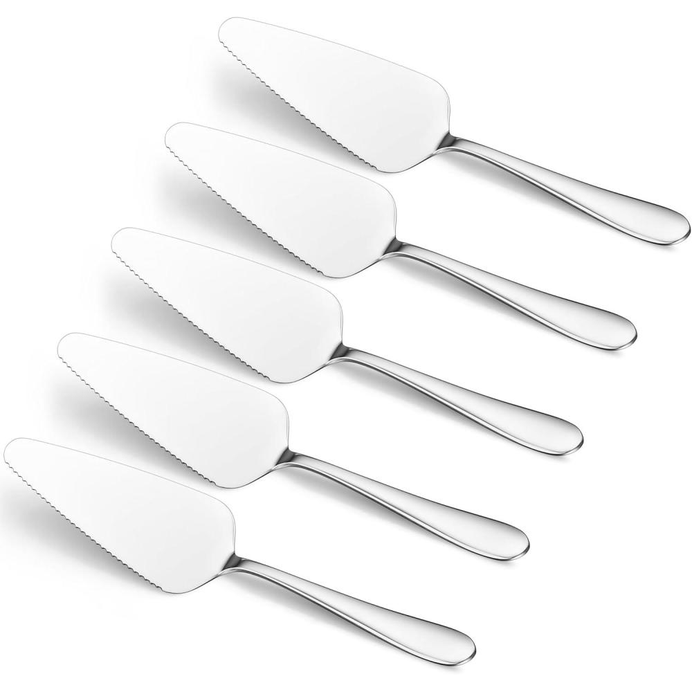 5-Piece Pie Server, E-far Hammered Stainless Steel Cake Server Spatula for Cutting Pastry Cheese Pizza, Serrated Edge with Square Handle, Mirror Polished & Dishwasher Safe-8.9 Inch(Oval Shaped Handles)