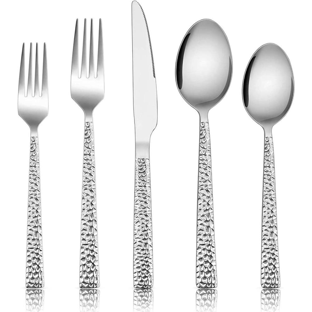 E-far Hammered Silverware Set, 40-Piece Stainless Steel Square Flatware Set for 8, Metal Tableware Cutlery Set Includes Dinner Knives/Forks/Spoons, Modern Design & Mirror Polished – Dishwasher Safe(80-Piece for 16)