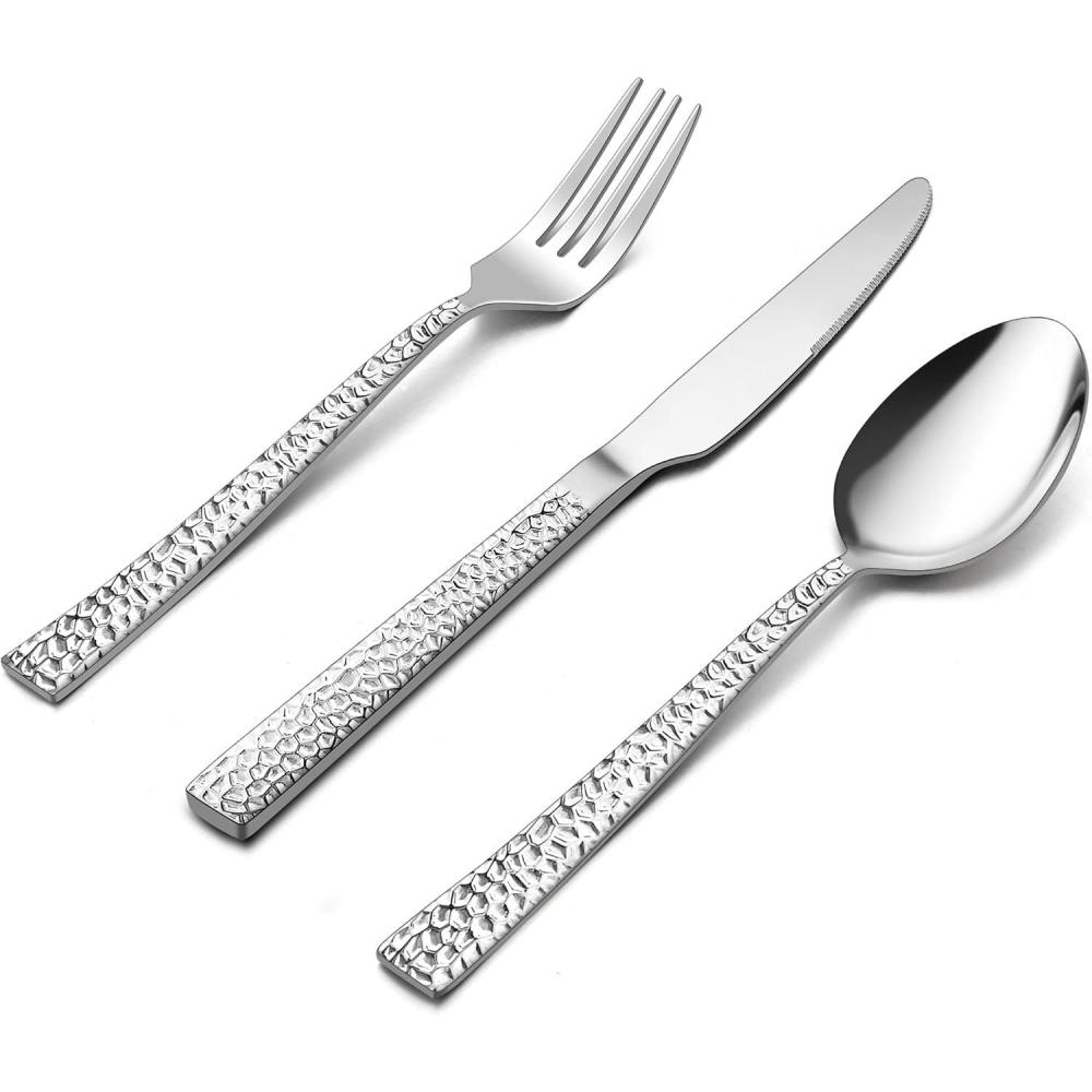 E-far 24-Piece Hammered Forks Spoons and Knives Set, Silverware Set for 8, Stainless Steel Square Flatware Set for Home Kitchen Restaurant, Mirror Polished & Dishwasher Safe(36)