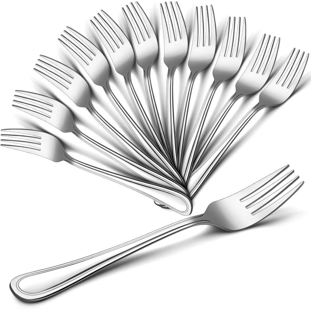 Salad Forks Set of 12, E-far 6.7 Inch Stainless Steel Dessert Forks for Home, Kitchen or Restaurant, Non-toxic & Mirror Polished, Easy to Clean & Dishwasher Safe(7.9 Inches – Lines)