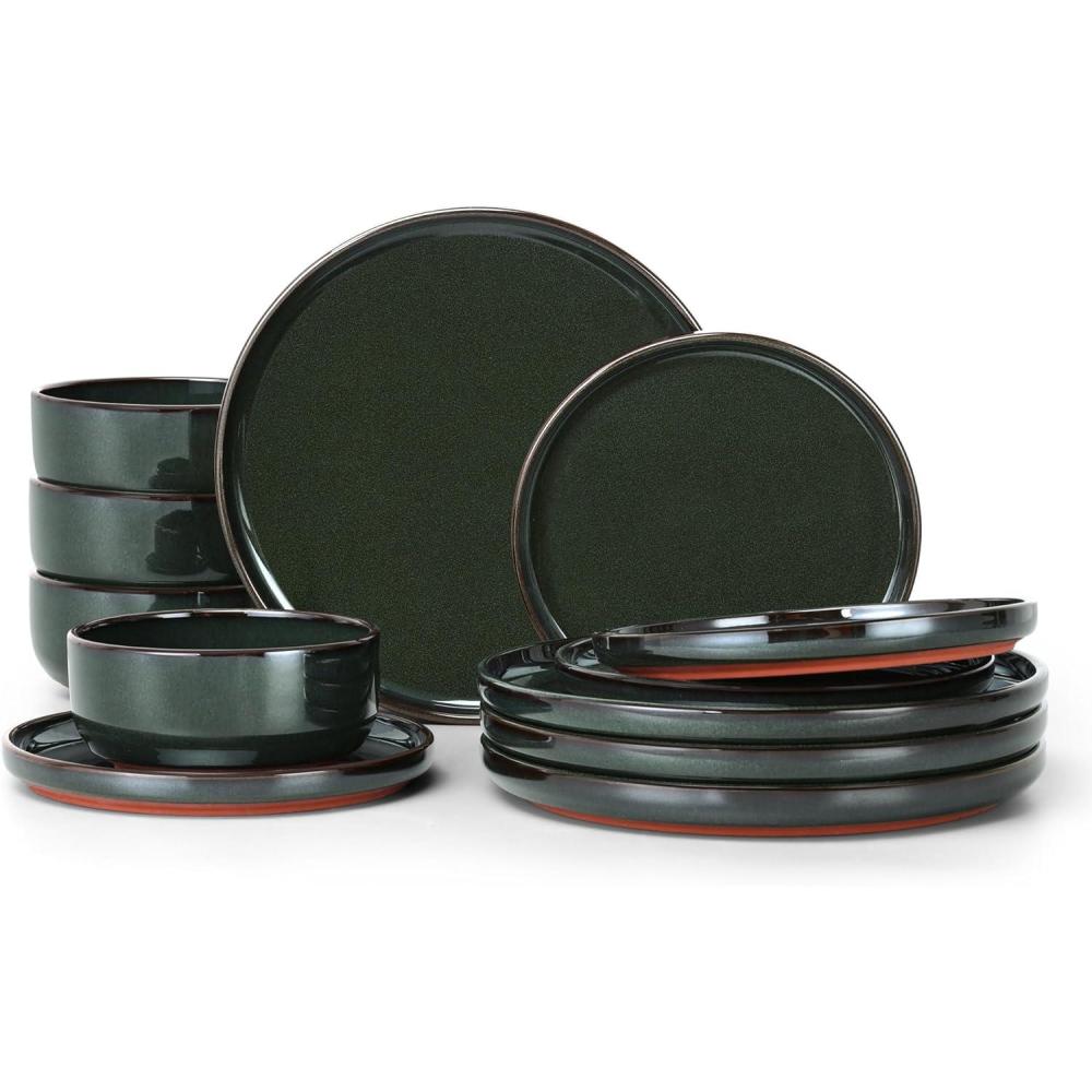 E-far 12-Piece Stoneware Dinnerware Sets, Plates and Bowls Sets for 4, Ceramic Dishware Dishes Set with Terracotta Base, Chip & Scratch Resistant, Microwave & Dishwasher Safe, Speckled White(Blackish Green)