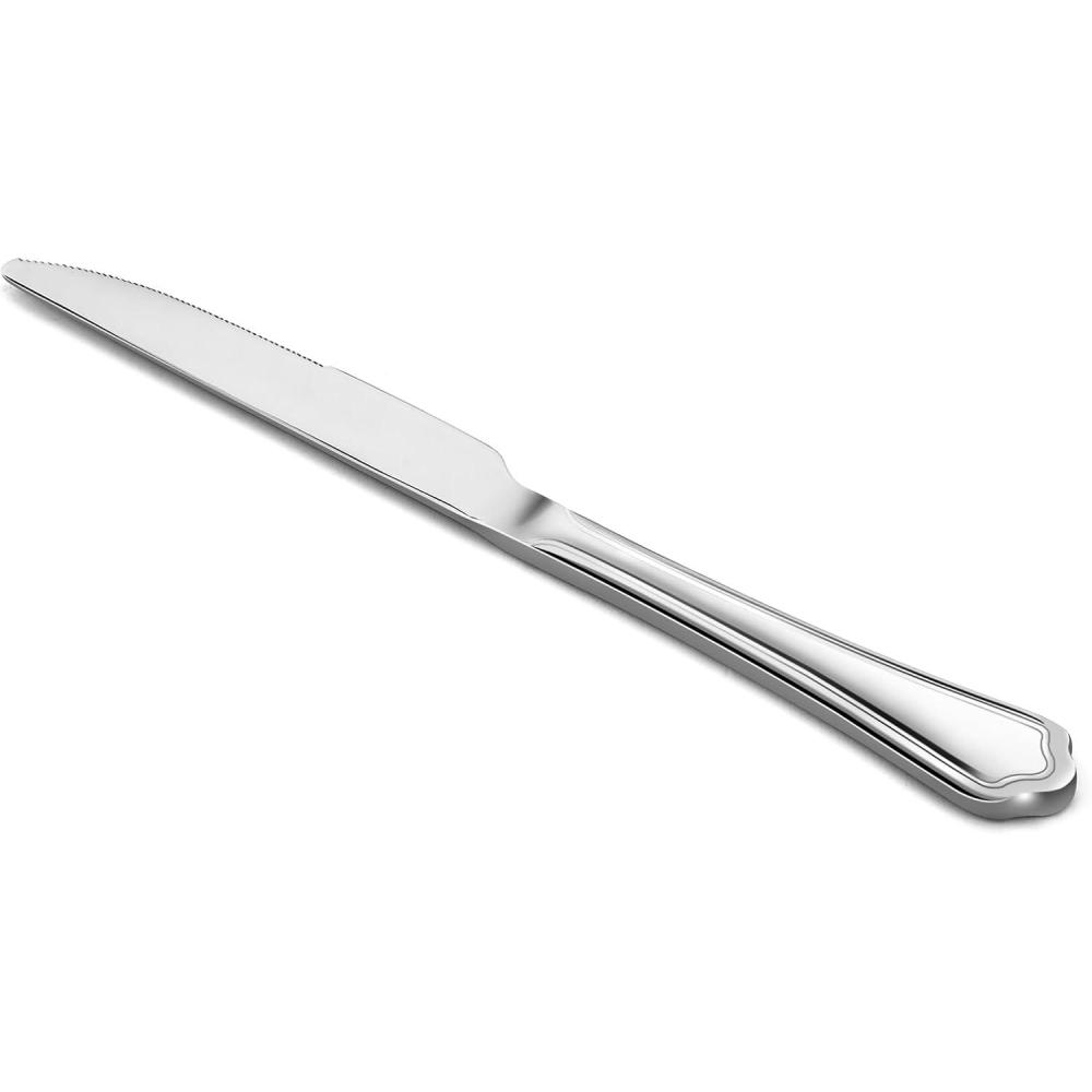 E-far Dinner Knives Set of 6, 8.9 Inch Stainless Steel Serrated Steak Butter Knife for Home Kitchen Restaurant, Modern Design & Square Edge, Mirror Finish & Dishwasher Safe(Scalloped Edge)