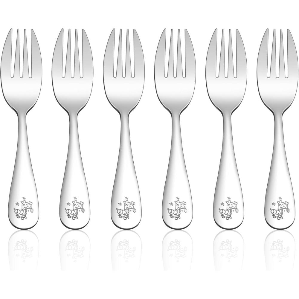 E-far Stainless Steel Kids Forks, 6-Piece Toddlers Forks Safe for Preschooler/Children, Hammered Adult look & Small Size, Rust Free & Dishwasher Safe(Animal Forks)