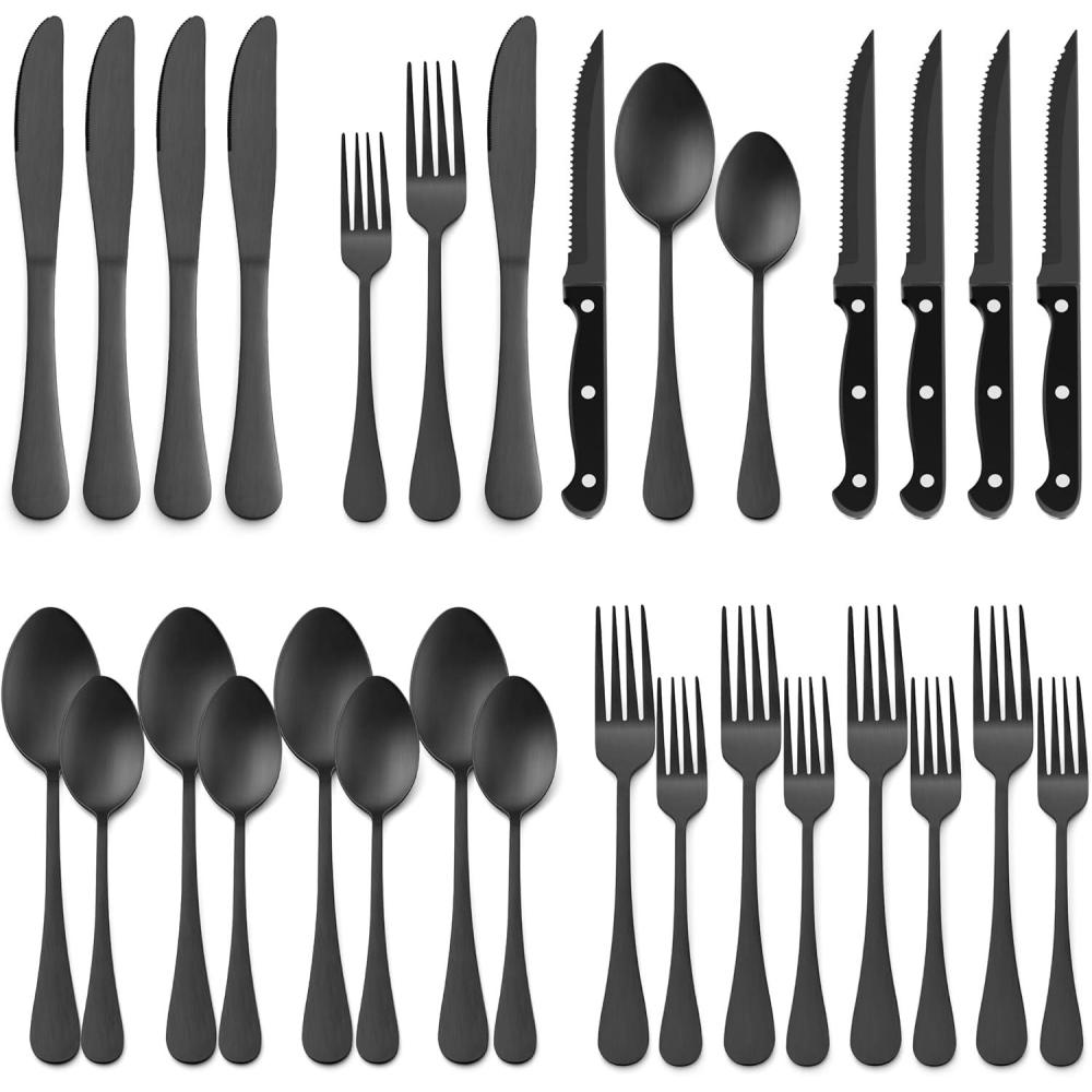 E-far Silverware Set with Organizer, 49-Piece Stainless Steel Flatware Cutlery Set for 8 with Steak Knives, Kitchen Metal Eating Utensils Sets Include Forks Spoons Knife, Mirror Polished & Rust Proof(Matte Black)