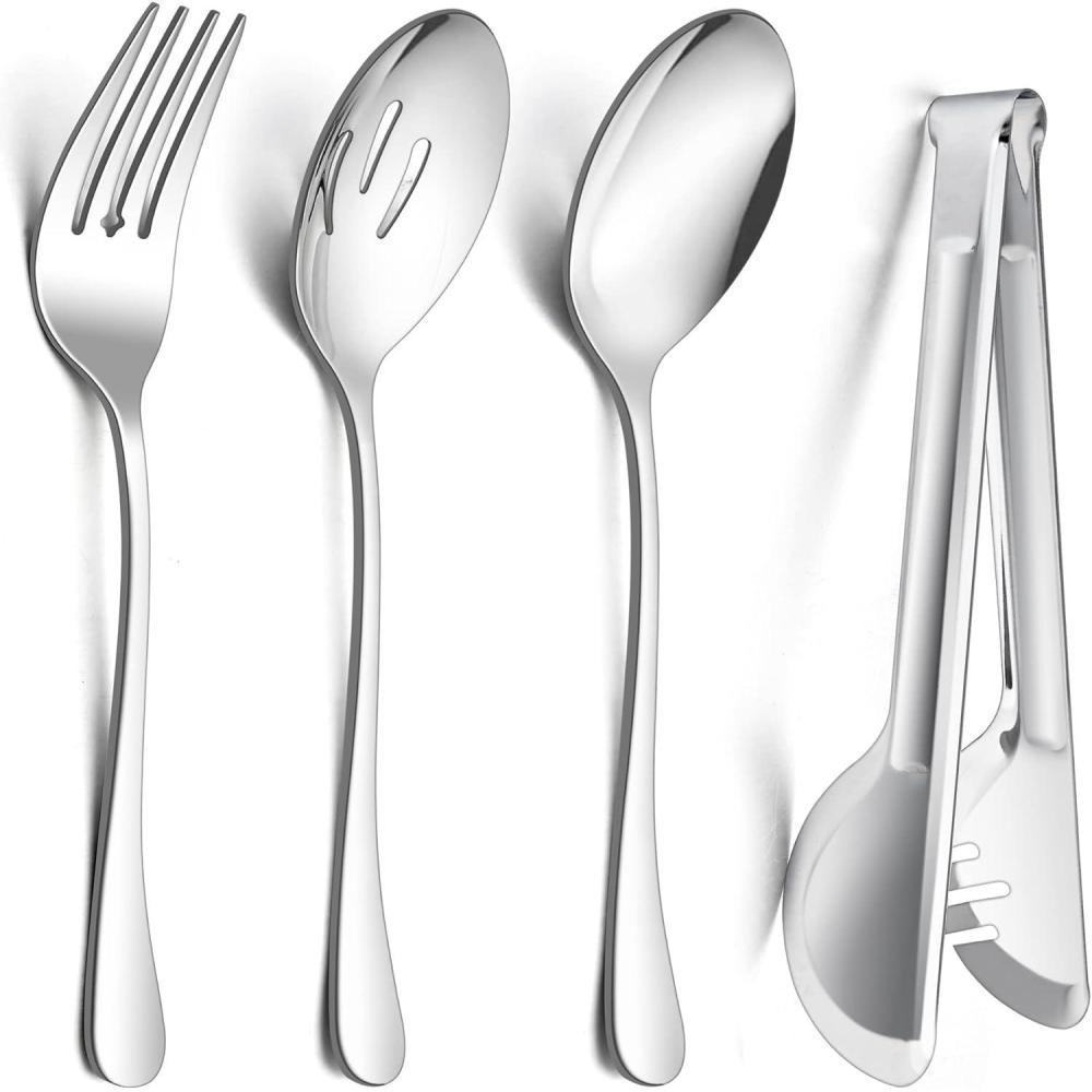 12-Piece Large Serving Utensils Set, E-far Stainless Steel 9.8 Inch Serving Slotted Spoons, 9.9 Inch Fork, 9.4 Inch Tong for Buffet Catering Banquet, Mirror Finish & Dishwasher Safe(Silver-8)