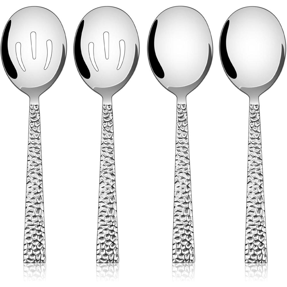 E-far Hammered Slotted Serving Spoons, 4-Piece Stainless Steel Tablespoons Hostess Serving Utensils Set for Catering Buffet Party Wedding Kitchen Restaurant, Dishwasher Safe(4-Piece Serving Spoons Set)