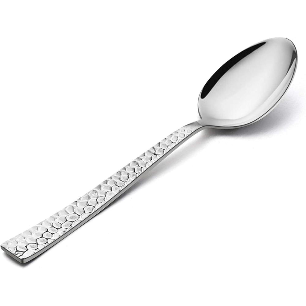 E-far Hammered Dinner Spoons Set of 12, 7.9 Inch Stainless Steel Soup Spoons Tablespoons for Home, Kitchen or Restaurant, Non-toxic & Mirror Polished, Squared Edge & Dishwasher Safe(6.7 Inches)