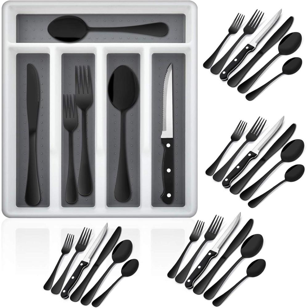 E-far 24-Piece Black Silverware Set with Steak Knives and Organizer Tray, Stainless Steel Flatware Cutlery Service for 4, Tableware Eating Utensils for Home Kitchen, Mirror Polished, Dishwasher Safe