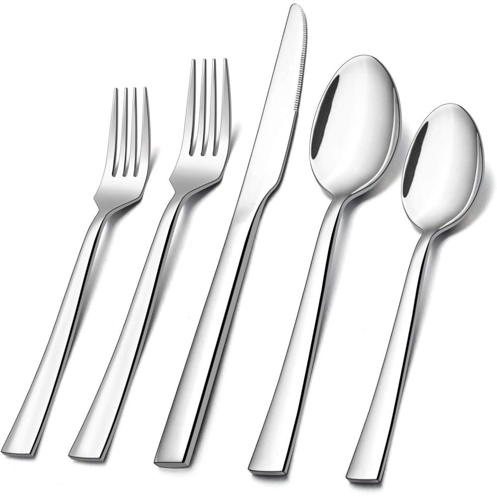 E-far 60-Piece Silverware Set, Stainless Steel Flatware Set Service for 12, Tableware Cutlery Set for Home Restaurant Party, Dinner Forks/Spoons/Knives, Square Edge & Mirror Polished, Dishwasher Safe(40 Pieces)