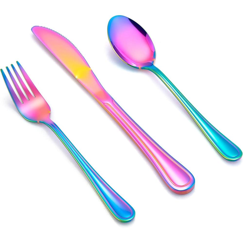 E-far 6-Piece Kids Silverware, Stainless Steel Toddler Utensils Safe for Preschooler/Children, Includes 2 Kids Forks 2 Spoons 2 Knife, Slimline Adult Look & Small Size, Rust Free & Dishwasher Safe(Rainbow)
