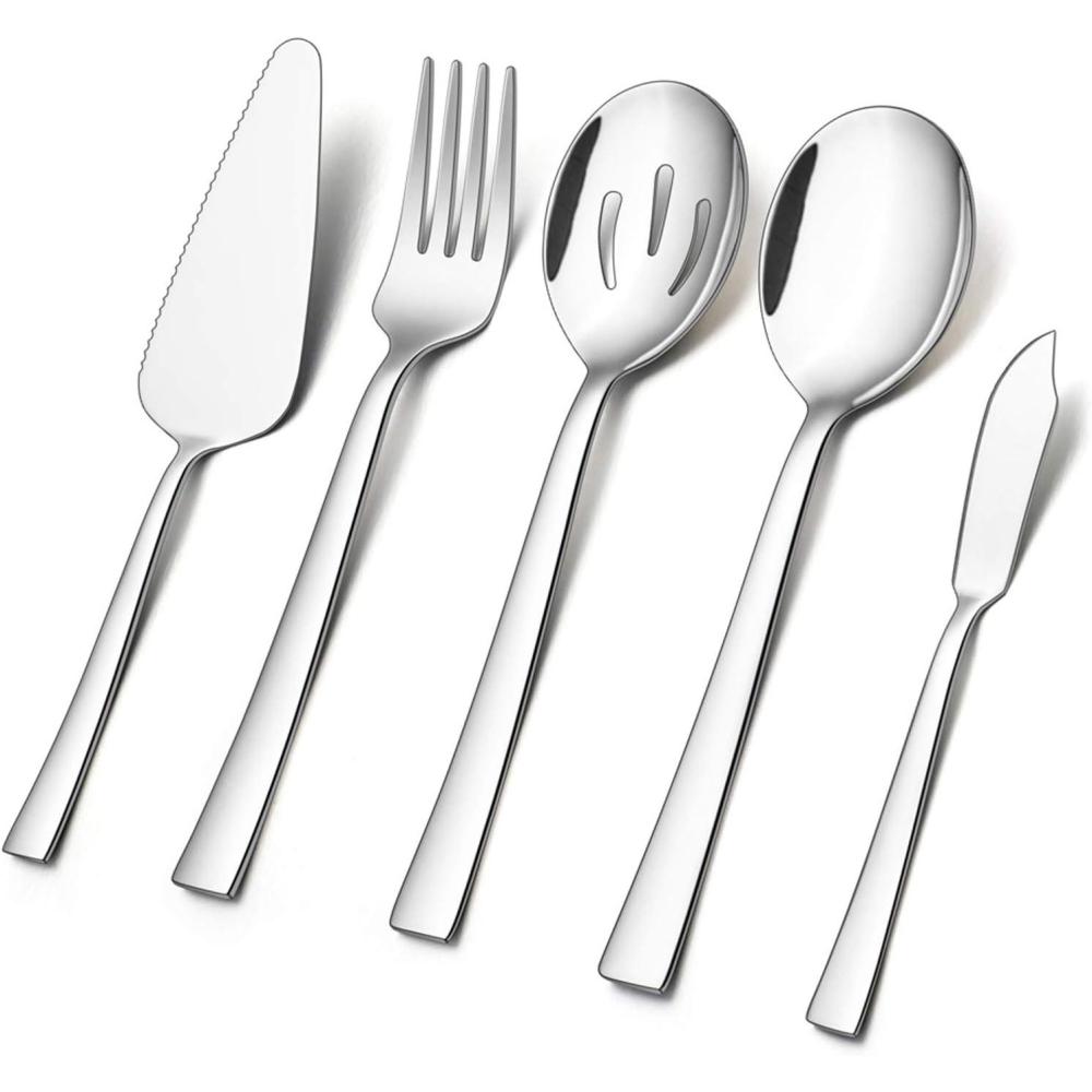 E-far 5-Piece Serving Utensils, Stainless Steel Square Edge Hostess Serving Set for Buffet Party Kitchen Restaurant, Mirror Finished & Dishwasher Safe(Silver)