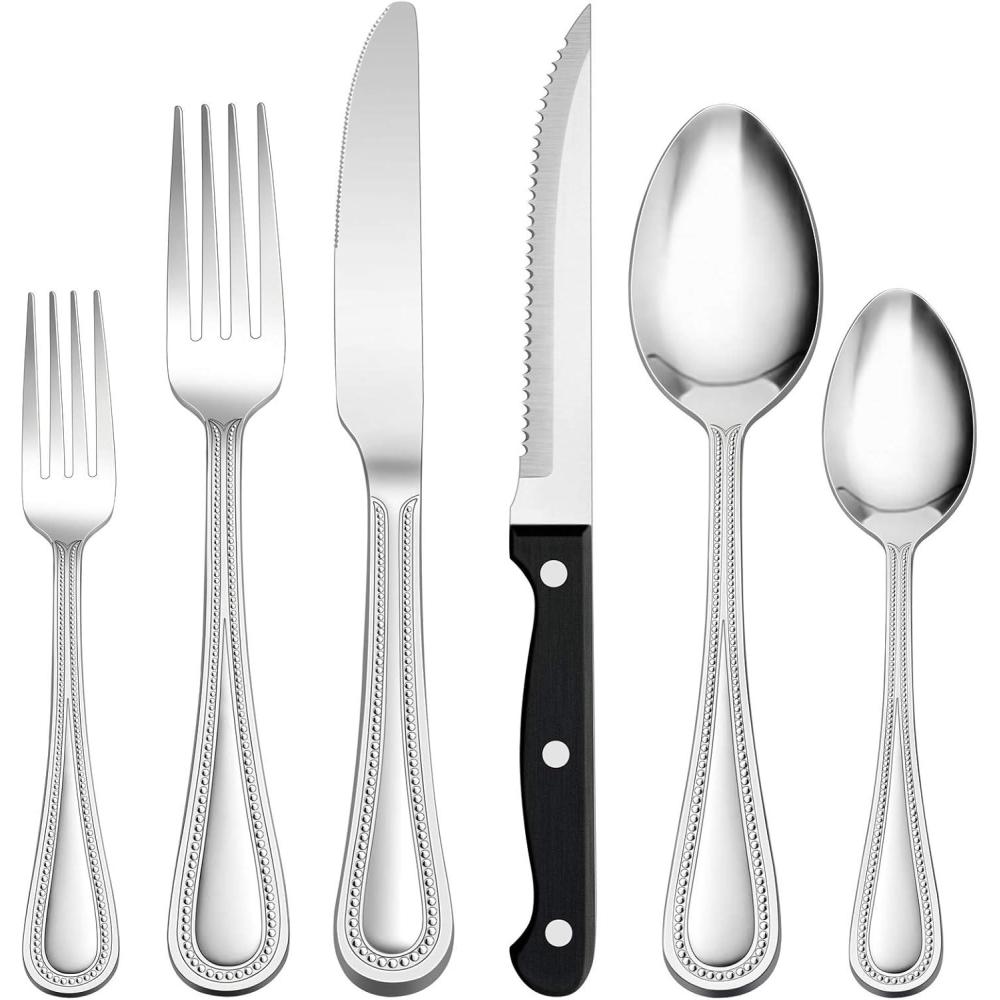 E-far 48-Piece Silverware Set with Steak Knives, Stainless Steel Flatware Cutlery Service for 8, Pearled Edge Tableware Eating Utensils for Home/Restaurant/Kitchen, Mirror Polished, Dishwasher Safe
