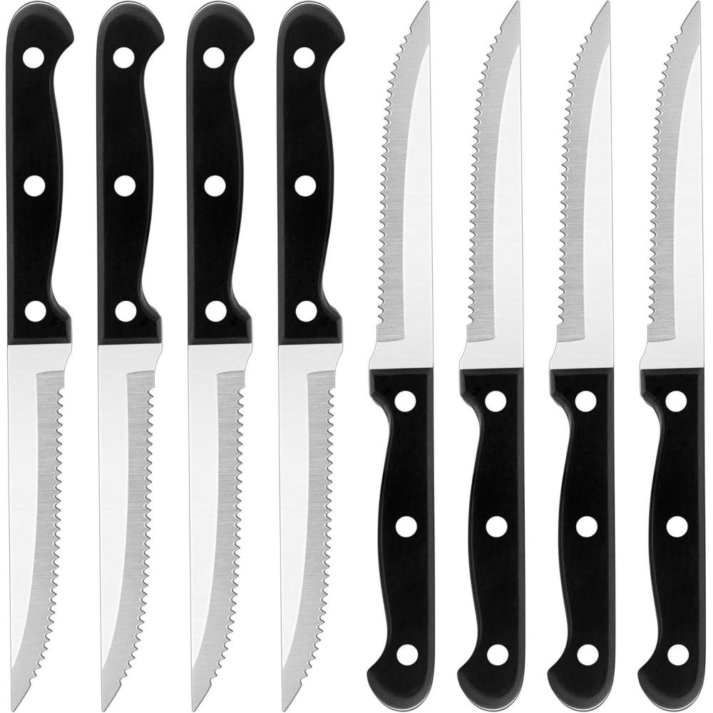 E-far Steak Knife Set of 8, 8.2 Inches Stainless Steel Serrated Knife, Triple Rivet Knife Set for Kitchen Restaurant, Black & Dishwasher Safe