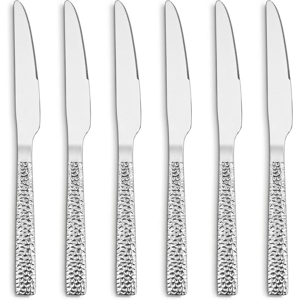 E-far Dinner Knives Set of 6, 8.9 Inch Stainless Steel Serrated Steak Butter Knife for Home Kitchen Restaurant, Modern Design & Square Edge, Mirror Finish & Dishwasher Safe(Hammered Square Edge)