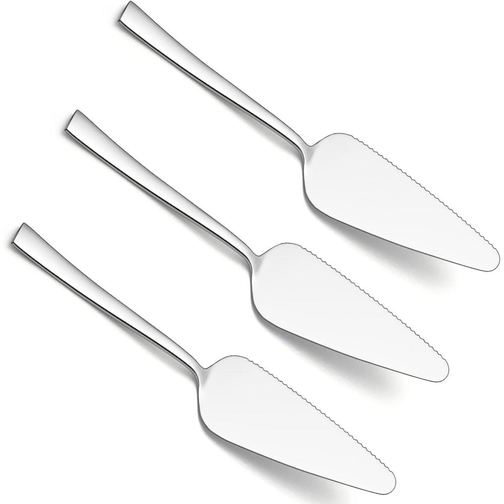 Matte Black Pie Server Set of 5, E-far 8.9 Inch Stainless Steel Cake Server Cutter for Pastry Cheese Pizza, Serrated Edge with Square Handle(Silver)