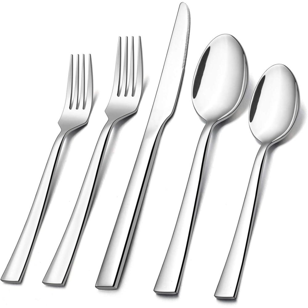 E-far 60-Piece Silverware Set, Stainless Steel Flatware Set Service for 12, Tableware Cutlery Set for Home Restaurant Party, Dinner Forks/Spoons/Knives, Square Edge & Mirror Polished, Dishwasher Safe(20 Pieces)