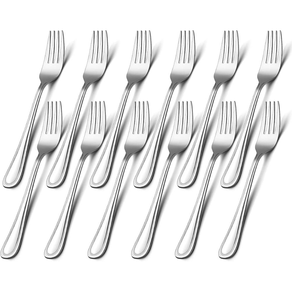 Salad Forks Set of 12, E-far 6.7 Inch Stainless Steel Dessert Forks for Home, Kitchen or Restaurant, Non-toxic & Mirror Polished, Easy to Clean & Dishwasher Safe(6.7 Inches – Lines)
