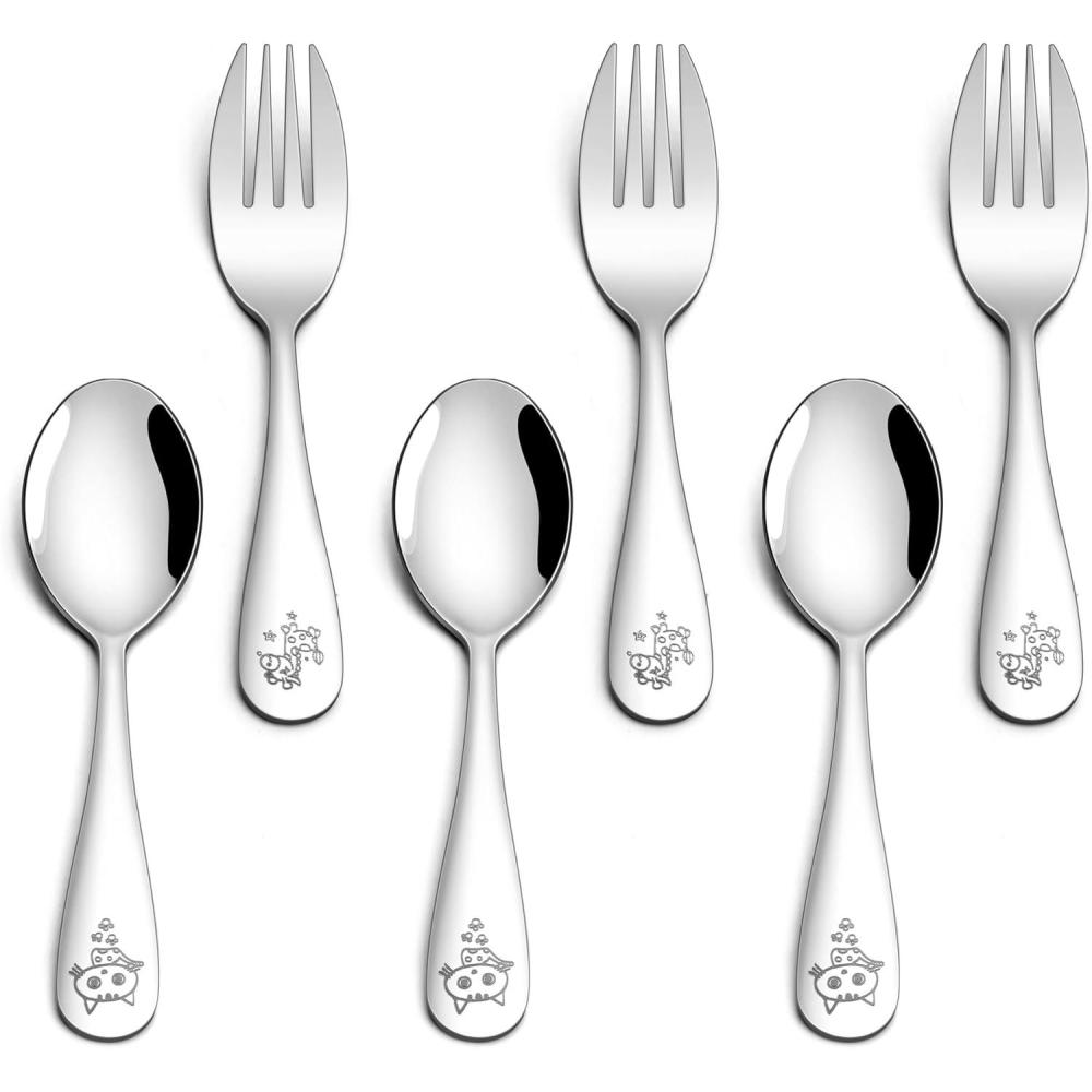 E-far Stainless Steel Kids Forks, 6-Piece Toddlers Forks Safe for Preschooler/Children, Hammered Adult look & Small Size, Rust Free & Dishwasher Safe(Animal Spoons & Forks)