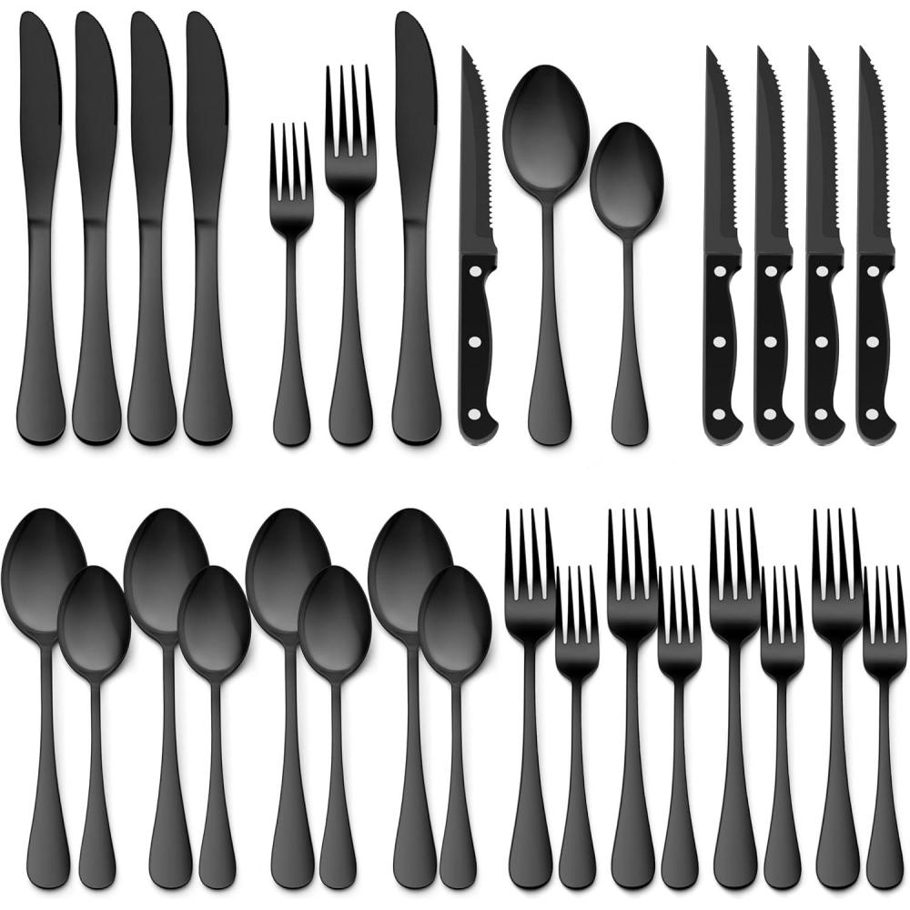 E-far Silverware Set with Organizer, 49-Piece Stainless Steel Flatware Cutlery Set for 8 with Steak Knives, Kitchen Metal Eating Utensils Sets Include Forks Spoons Knife, Mirror Polished & Rust Proof(Black)
