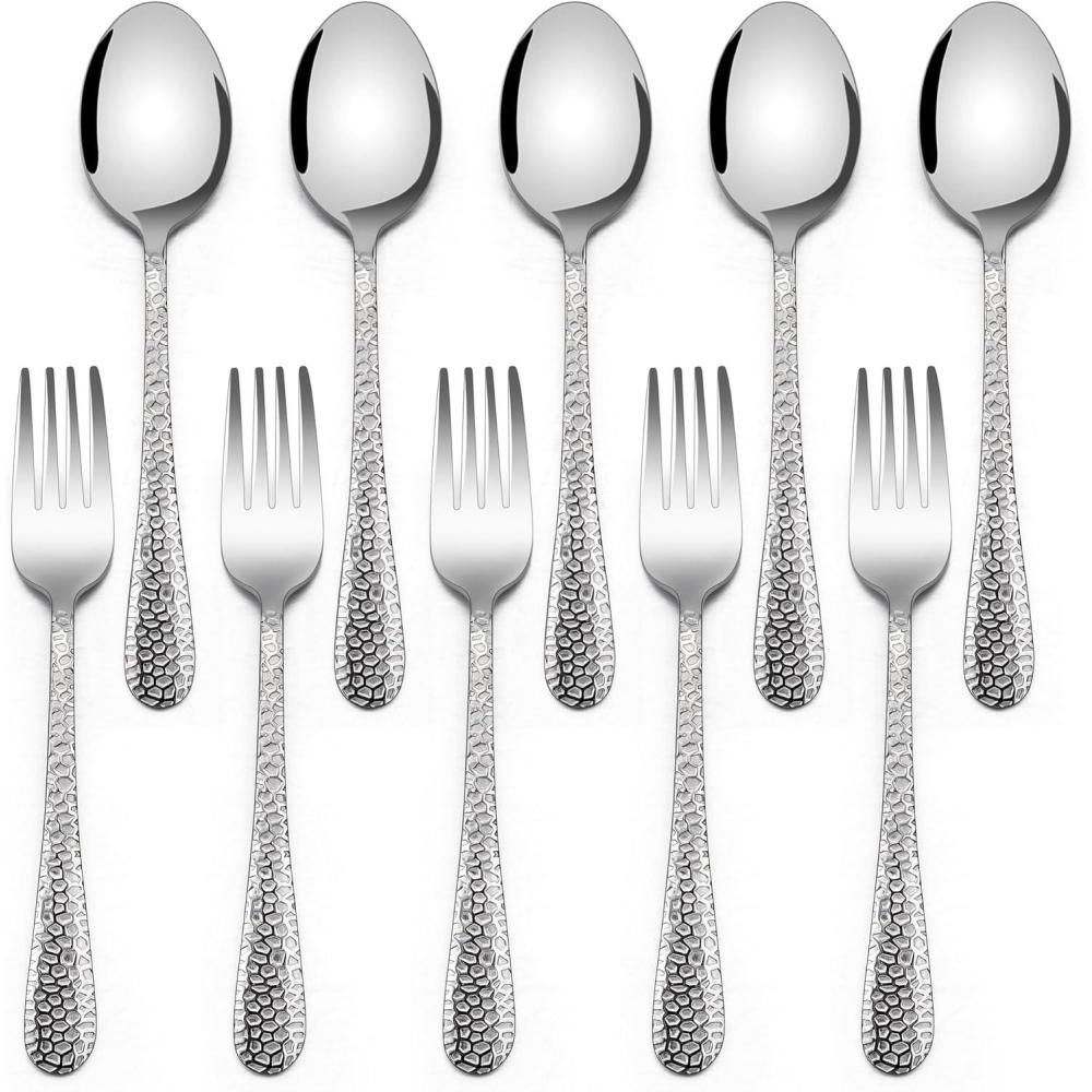 E-far Toddler Forks and Spoons Set, 10-Piece Stainless Steel Toddler Utensils Kids Safe Silverware for Self Feeding, Healthy & Non-Toxic, Rainbow(Silver Mirror)