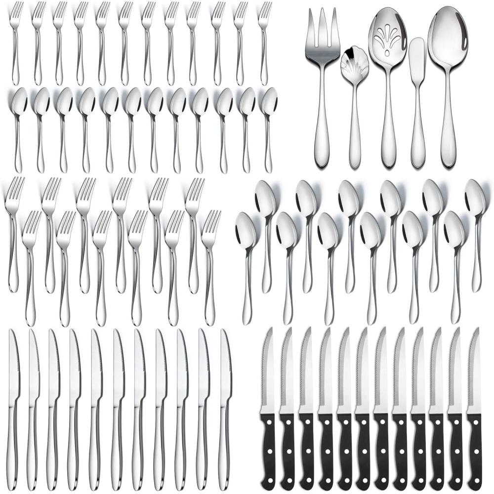 77-Piece Silverware Set with Steak Knives Serving Utensils, E-far Stainless Steel Flatware Cutlery Set for 12, Modern Tableware Eating Utensils for Restaurant Kitchen, Mirror Polished, Dishwasher Safe(77-Piece)